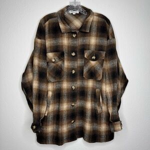 She + Sky Brown Plaid Flannel Long Sleeve Shacket Womens Size 1XL With Pockets‎